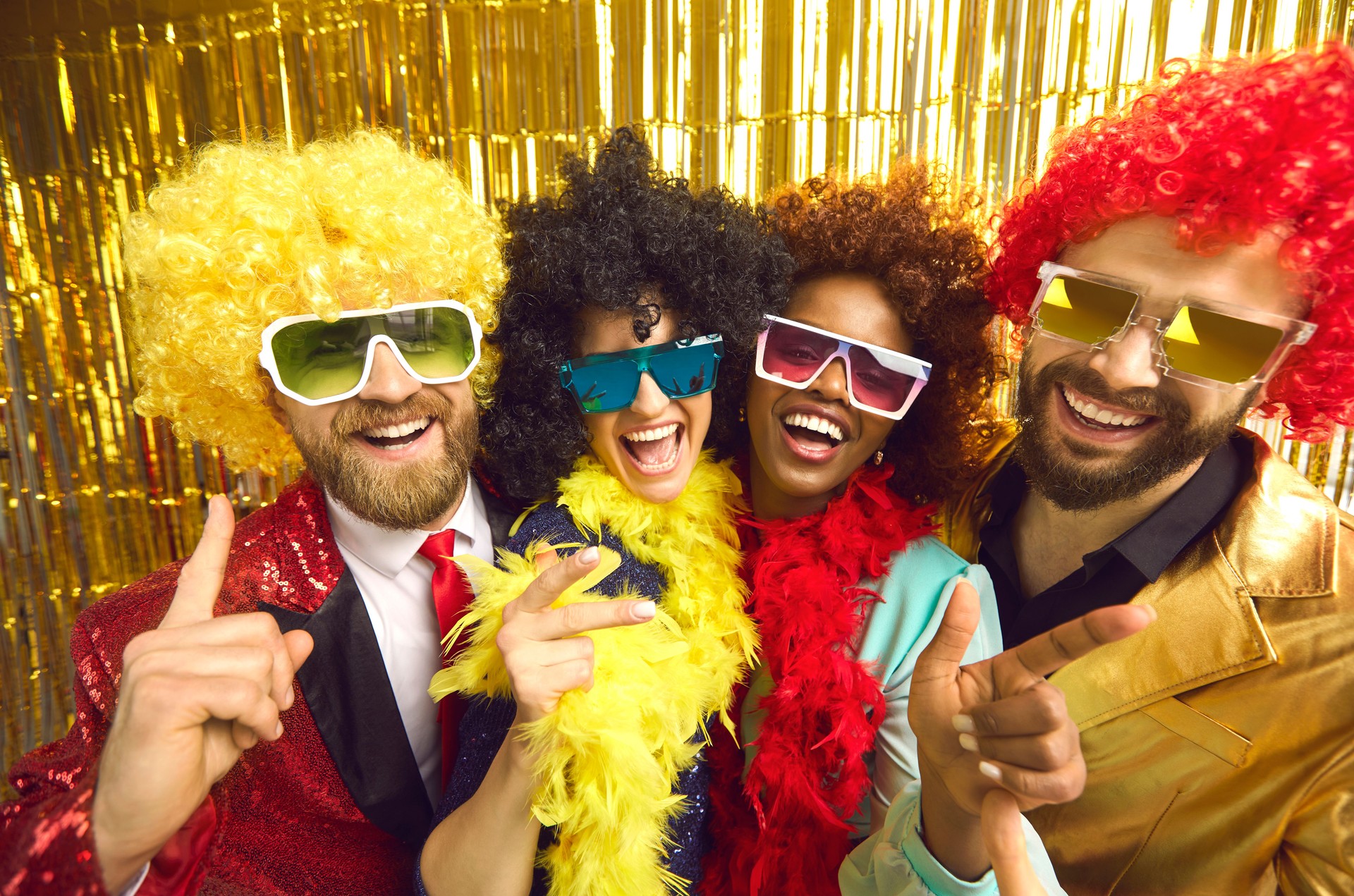 Happy overjoyed diverse multiethnic funny people group fool around on camera